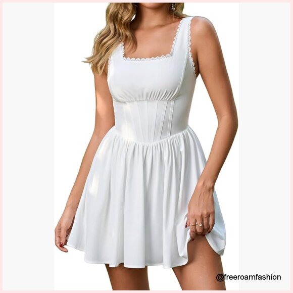 Dresses & Skirts - Summer Floral Corset Mini Dress Square Neck Lace A-Line Party